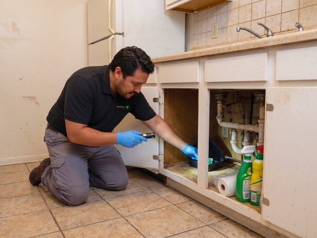 MMPC technician placing mouse bait station under sink