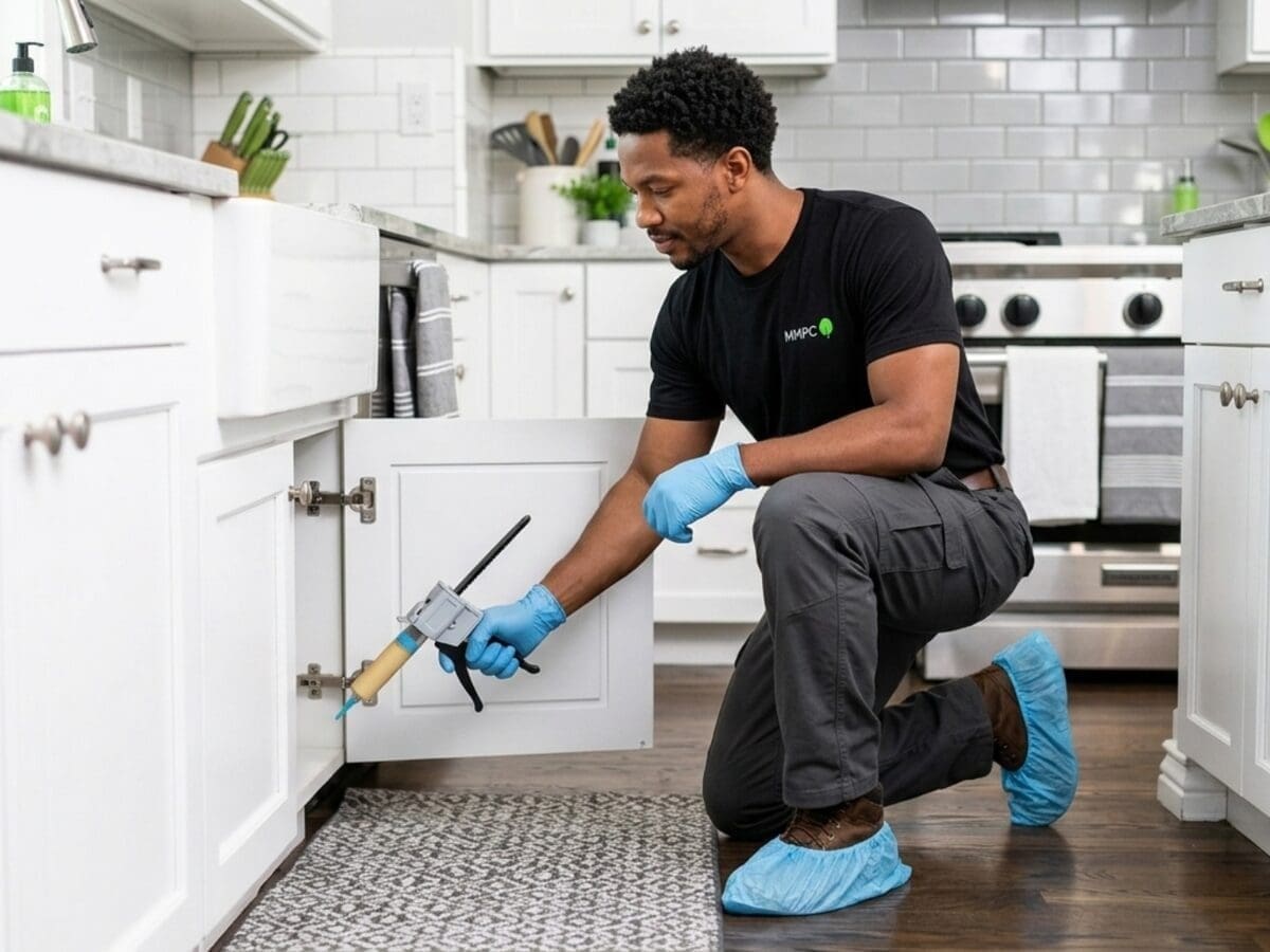 MMPC pest technician applying cockroach gel bait